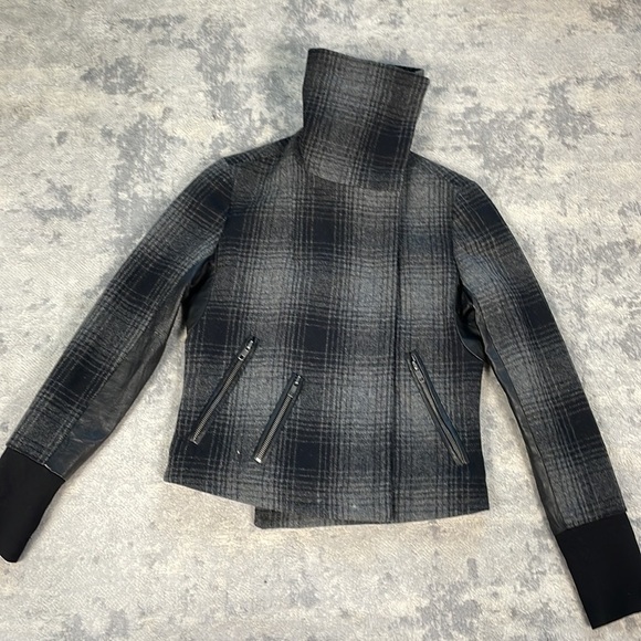 ALC Plaid Funnel Biker Moto Jacket Wool Black Gray Dark Academia Tartan Sz 2 - Picture 6 of 10